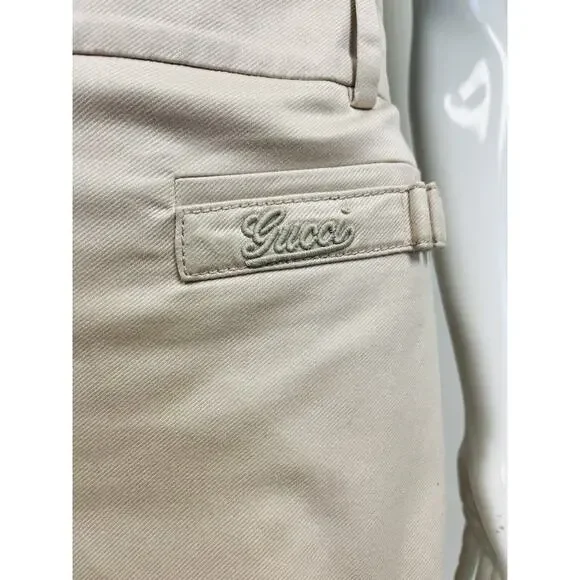 GUCCI Beige Tan Cotton Logo Accent Knee Length Pleated Skirt 42 US 6